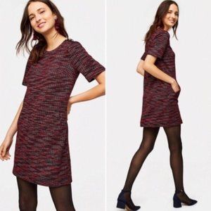 LOFT Red Tweed Shift Dress With Pockets Suze Small Petite